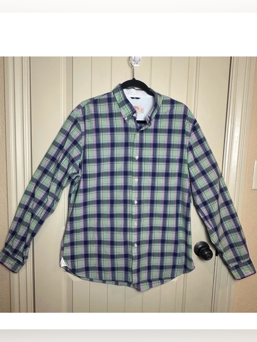 Brooks Brothers Button Up Shirt XXL Long Sleeve Blue Green Plaid 100% Cotton